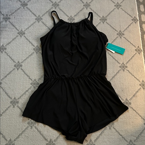 Aqua Green Black Halter Romper Swimsuit with Pockets - Picture 1 of 8